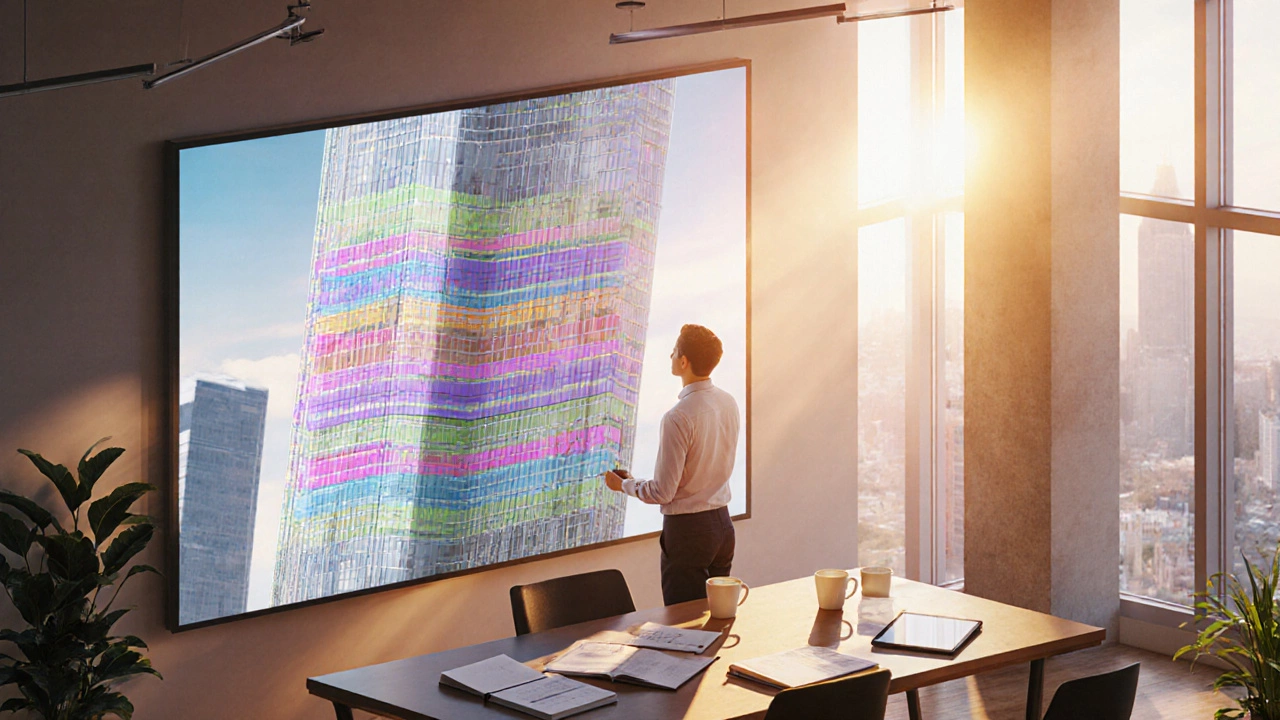 Архитектор просматривает BIM‑слои здания в студии с естественным светом.