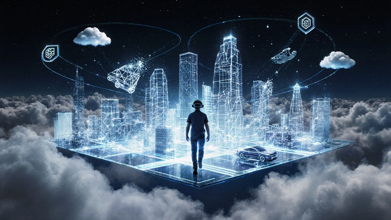 Будущее 3D‑моделирования: инженер в AR/VR‑шлеме в окружении голографического города.