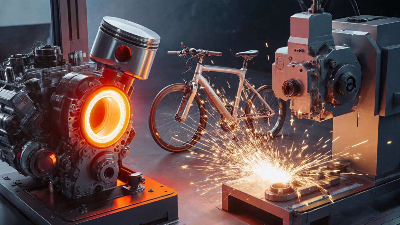 Двигатель, 3D‑печать рамы велосипеда и крупный редуктор на станке.