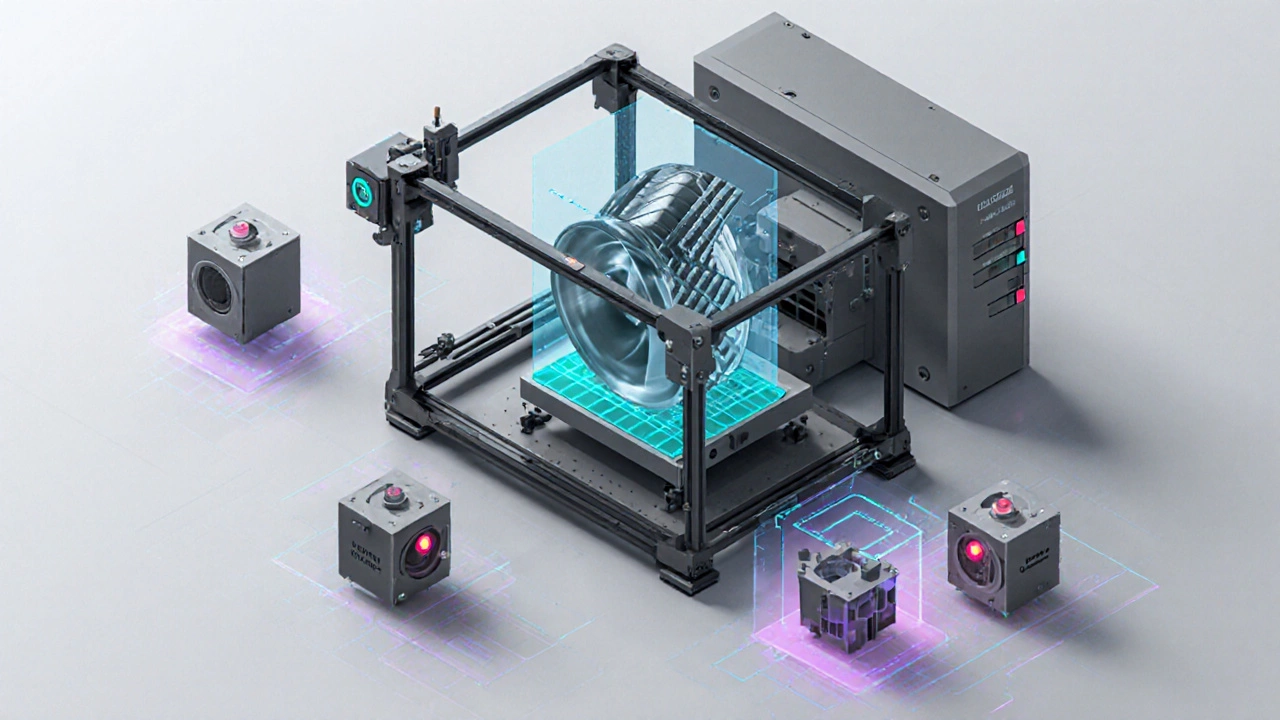 Изометрический вид лазерного 3D‑принтера, печатающего турбинную лопатку.