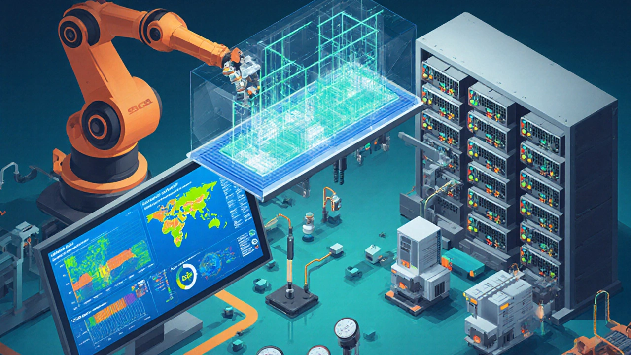Изометрика: SCADA‑панель, PLC, IoT‑датчики и цифровой двойник в умном заводе.