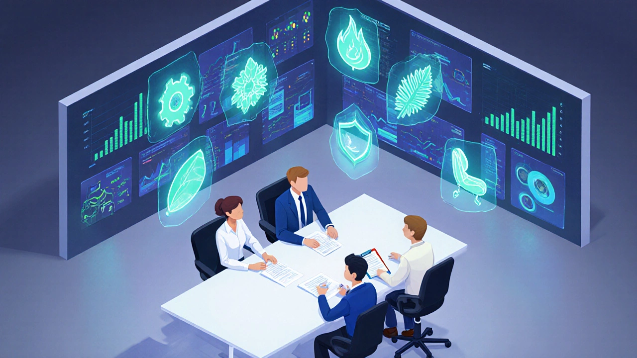 Команда обсуждает план охраны труда в конференц-зале, вокруг показываются иконки разных видов безопасности.