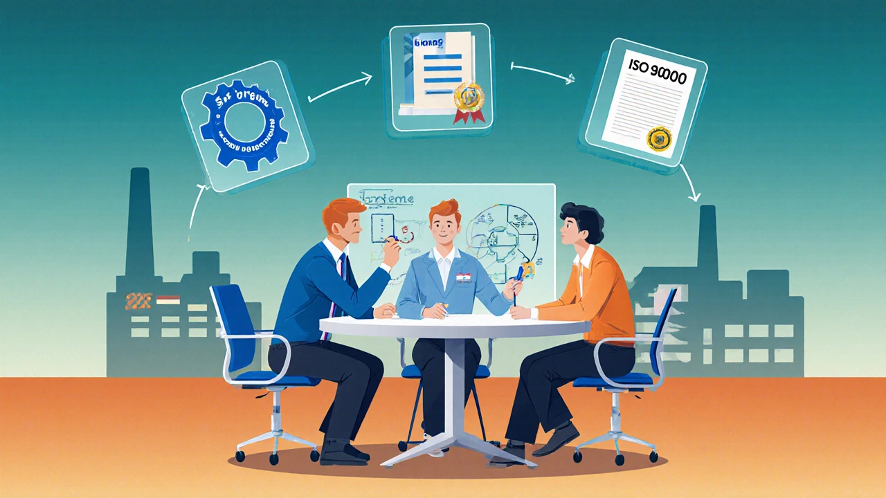 Команда проводит Kaizen‑совещание, рядом визуализирован цикл DMAIC Six Sigma и сертификат ISO 9001.