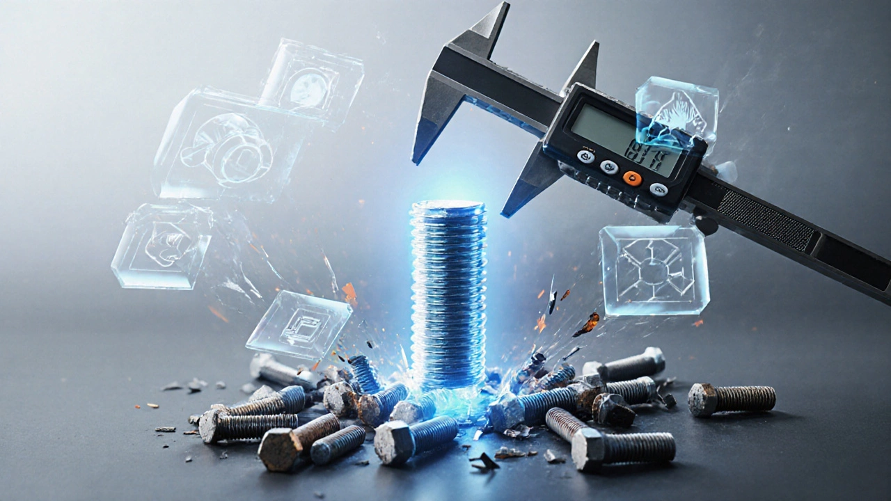 Один правильный болт в центре, окруженный символами нагрузок и разрушающимися дефектными креплениями.