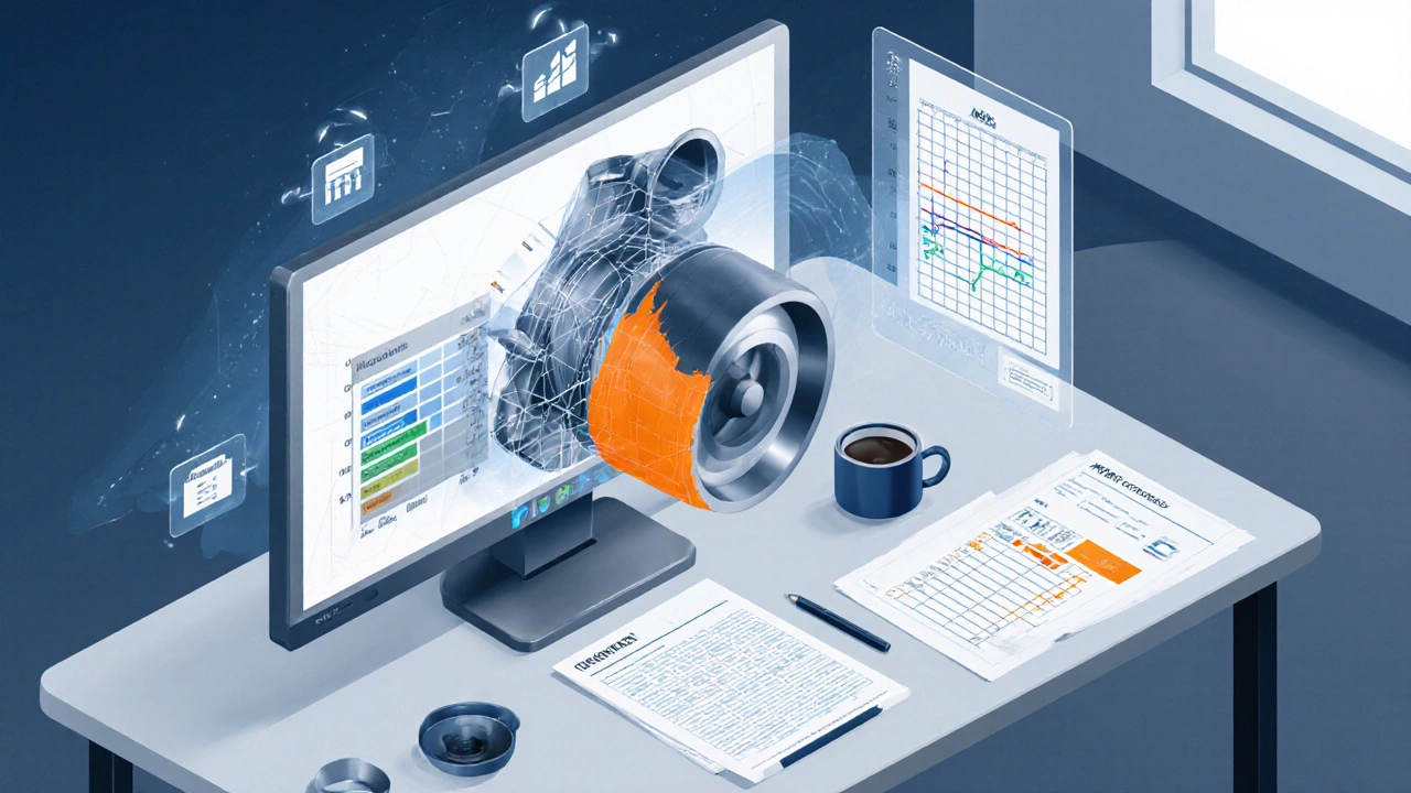 Рабочее место с CAD‑моделью турбинного лопатки и наложенными схемами FMEA и SPC.