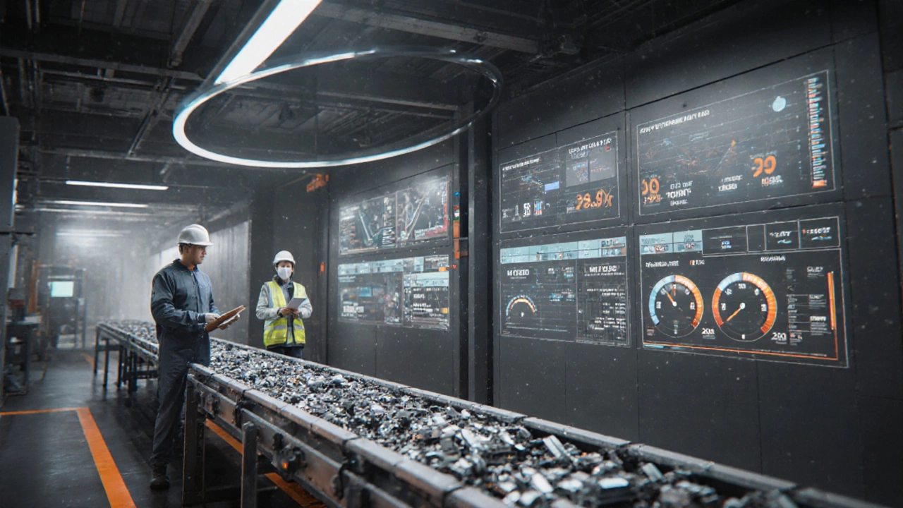 Рабочие и аудитор наблюдают цифровые KPI на заводе.