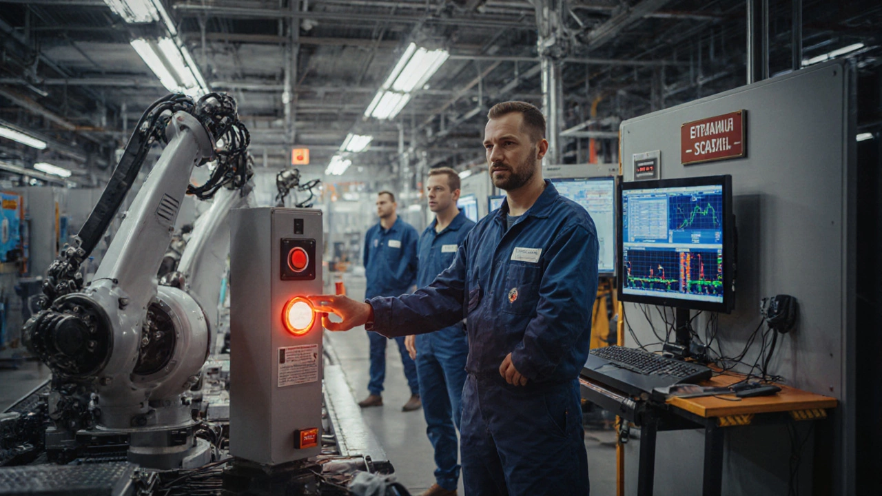 Рабочий останавливает производственную линию по кнопке, вокруг — цифровые датчики и спокойная атмосфера.