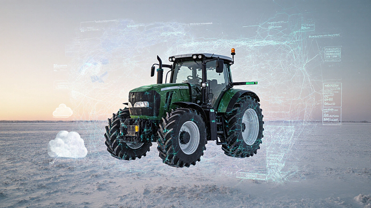 Сельхозтехника с GPS и датчиками, передающая данные о почве в облако над снежным полем.