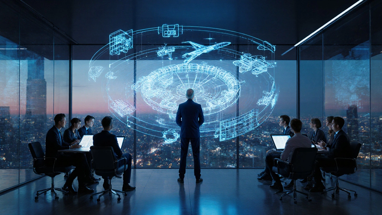 Senior 3D professional leading a team with holographic 3D models in a futuristic lab.