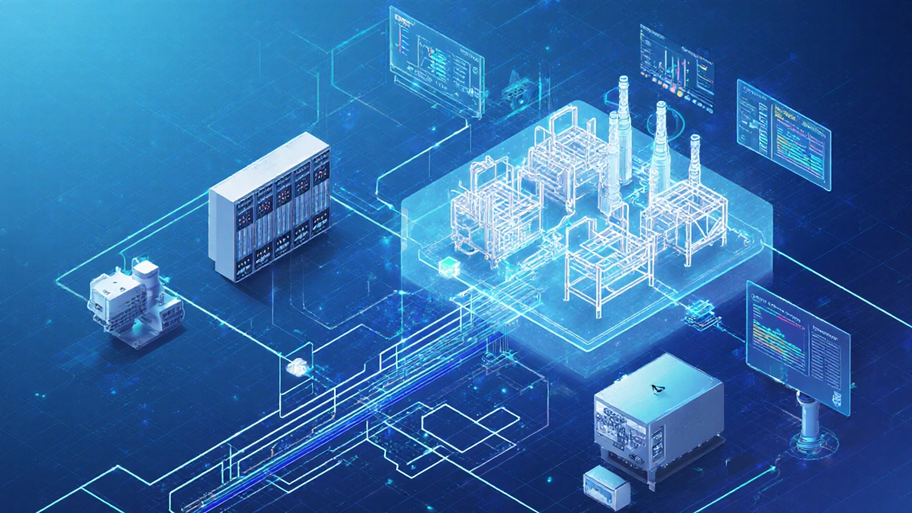 Схема промышленной автоматизации: ПЛК, датчики, SCADA-панель и цифровой двойник, соединённые светящимися линиями данных.