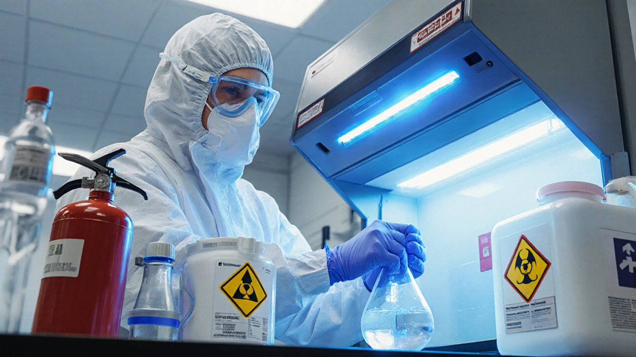 Сотрудник в защитном костюме работает в химической лаборатории рядом с вентиляционными вытяжками и маркированными контейнерами.
