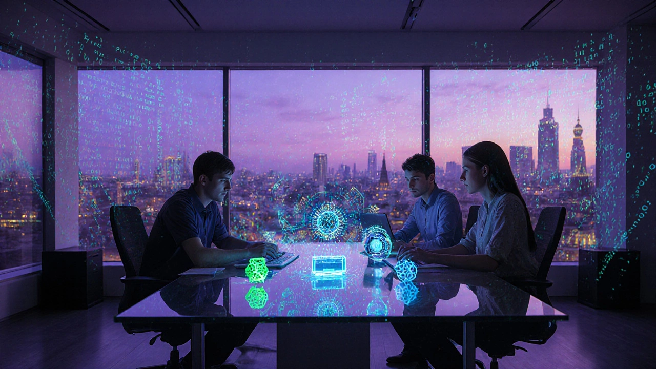 Современный стартап‑офис с holographic данными и IoT‑прототипами, отражающий инновационный драйвер.