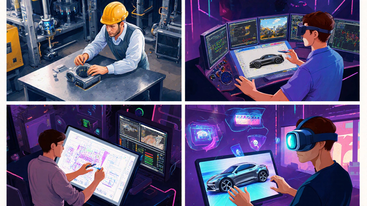 Split illustration of engineer, technical artist, CAD operator, visualizer, and VR developer.