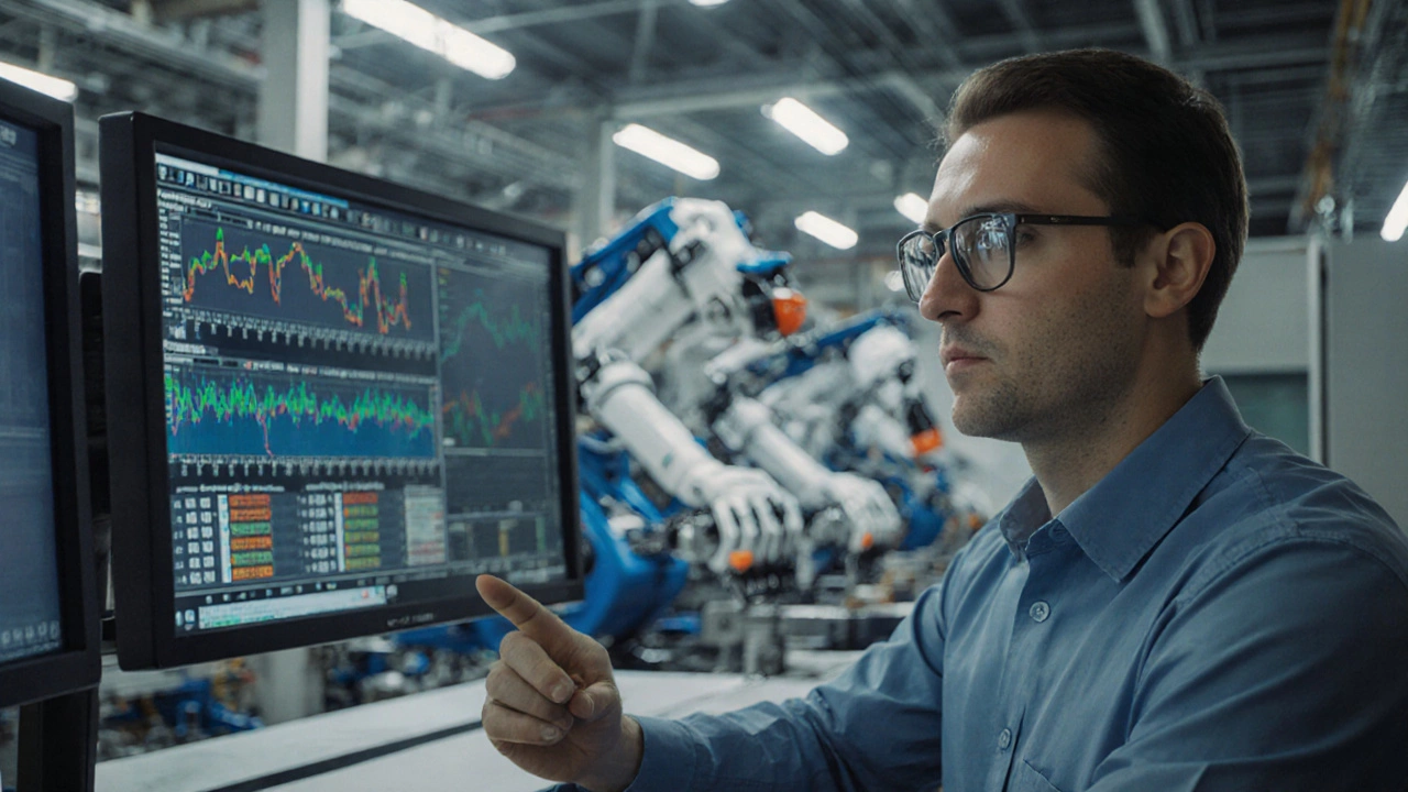 Техник анализирует данные на экране, пока роботы автоматически собирают аккумуляторы в цеху.