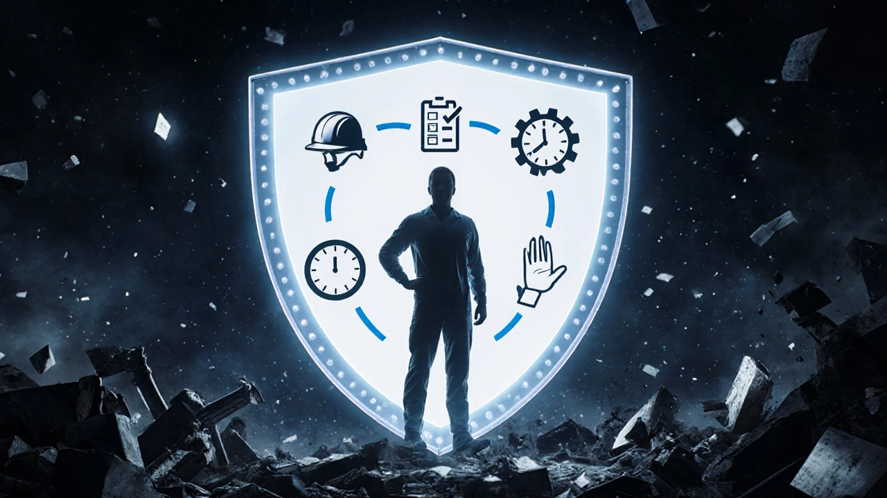 Человек в центре защитного щита из пяти элементов, символизирующих безопасность труда.