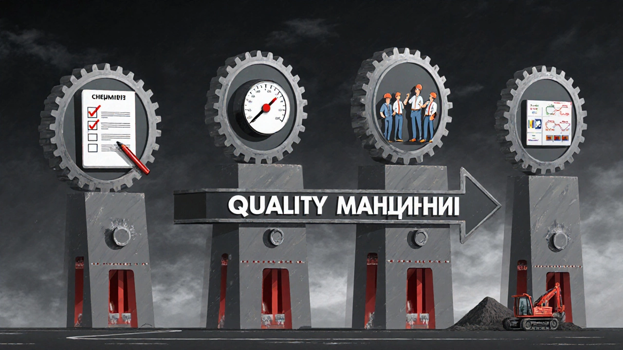 Четыре столпа поддерживают шестерню — стандарты, измерения, обучение и обратная связь.