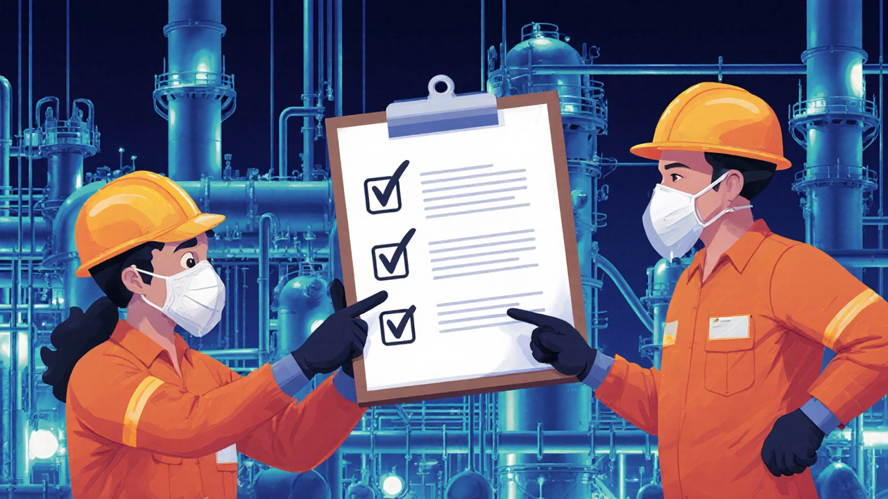 Два сотрудника проверяют и подписывают чек-лист перед запуском химического реактора, символизируя организационную безопасность.