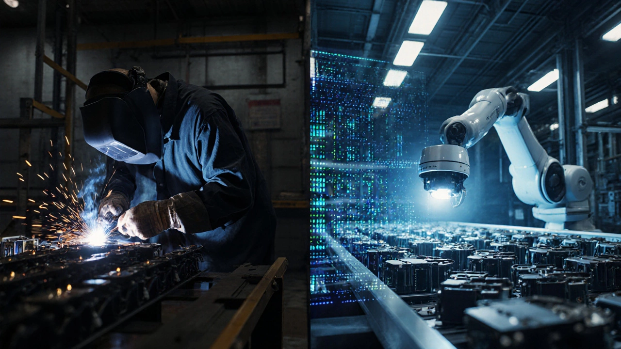 Две производственные линии: слева — ручная сборка с ошибками, справа — роботы и ИИ-контроль.