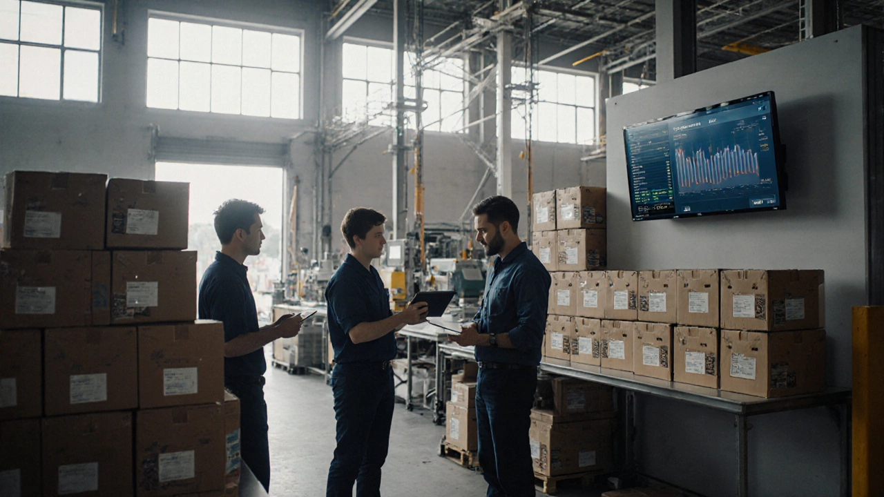 Инженеры следят за отслеживанием картонных контейнеров с RFID-метками на складе.