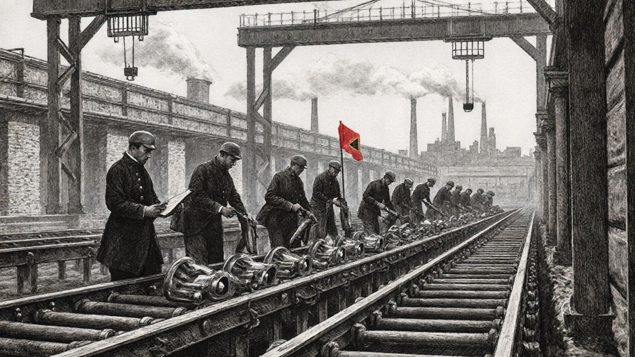 Линия сборки на фабрике: десять рабочих выполняют по одной операции, детали движутся по конвейеру, цех в серо-чёрных тонах.