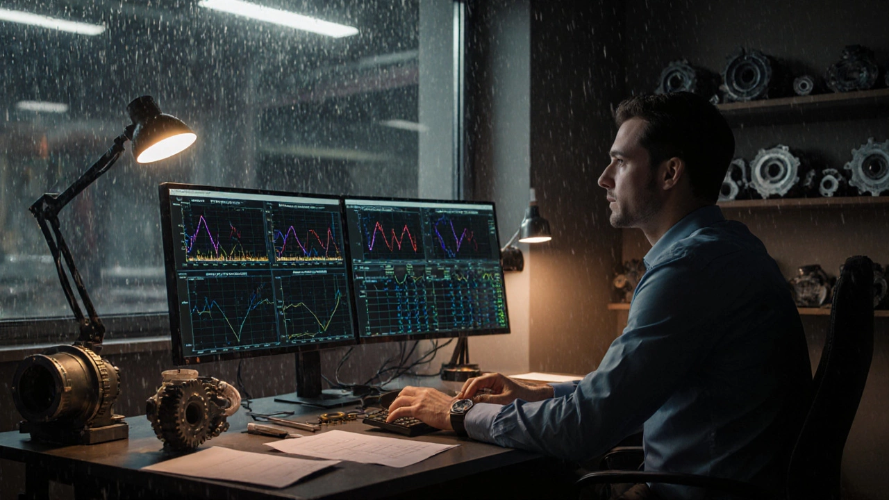 Менеджер анализирует данные тестирования редуктора на экранах в офисе завода.