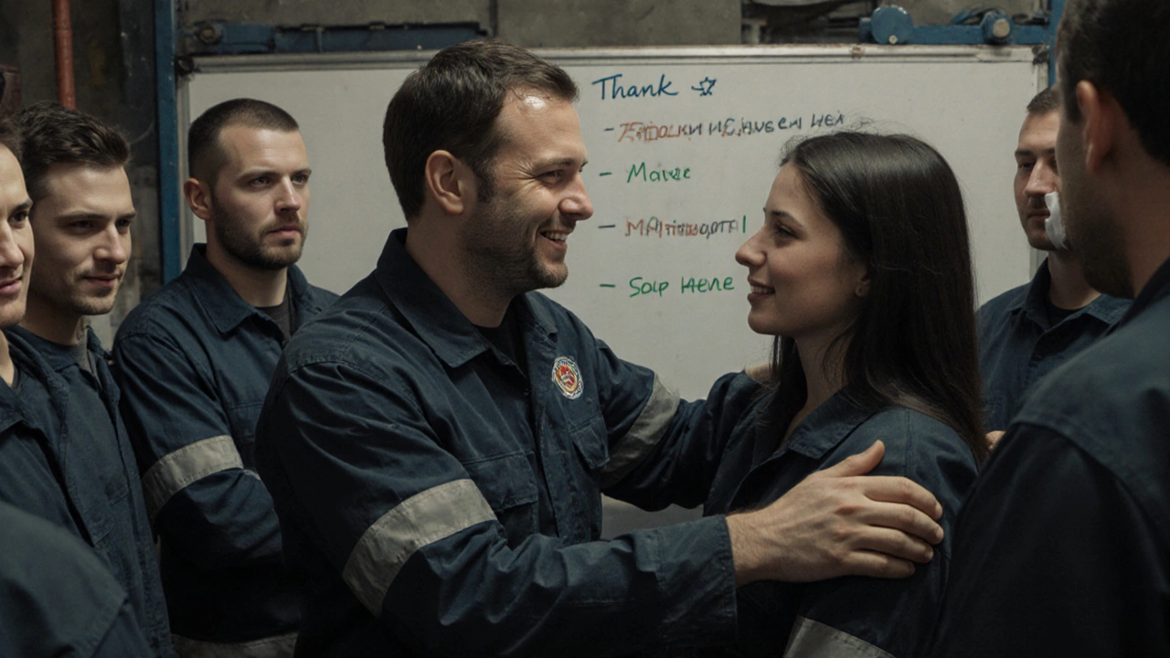 Начальник благодарит сотрудника за остановку работы из-за опасности — коллеги одобряют.