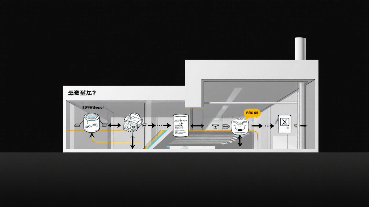 Прозрачный разрез завода с потоком производства: от сырья до готовой детали через цифровые этапы.