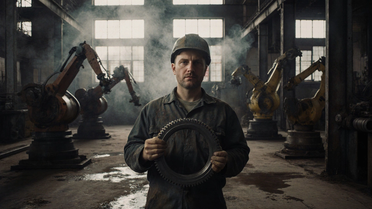 Рабочий на заводе в Томске осматривает стальную шестерню под светом лампы.