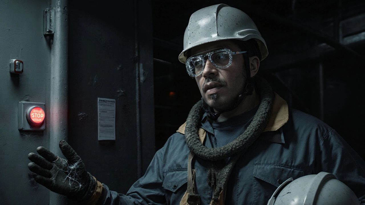 Рабочий с поврежденными СИЗ и забытыми процедурами, окруженный признаками системного провала на производстве.