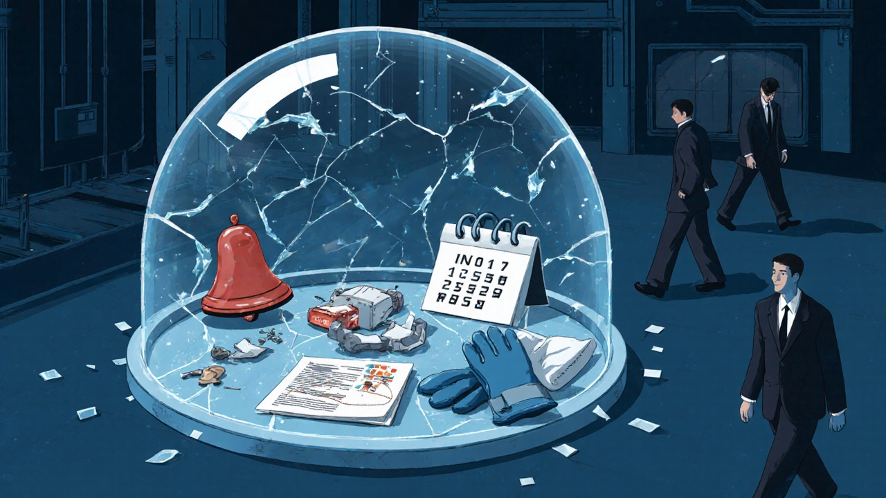 Разбитая стеклянная колба над заводом, внутри — символы пренебрежения безопасностью: старые инструкции, сломанный будильник, перчатка и спящий рабочий.