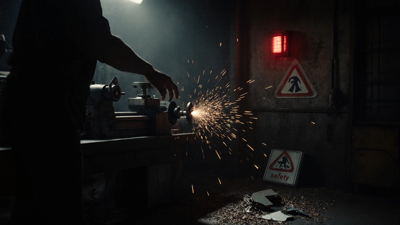 Рука рабочего тянется к станку без защитного кожуха, вокруг — искры и мигающий красный свет.