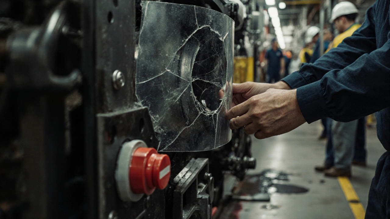 Руки рабочего регулируют защитный ограждение на станке с видимой кнопкой аварийной остановки.