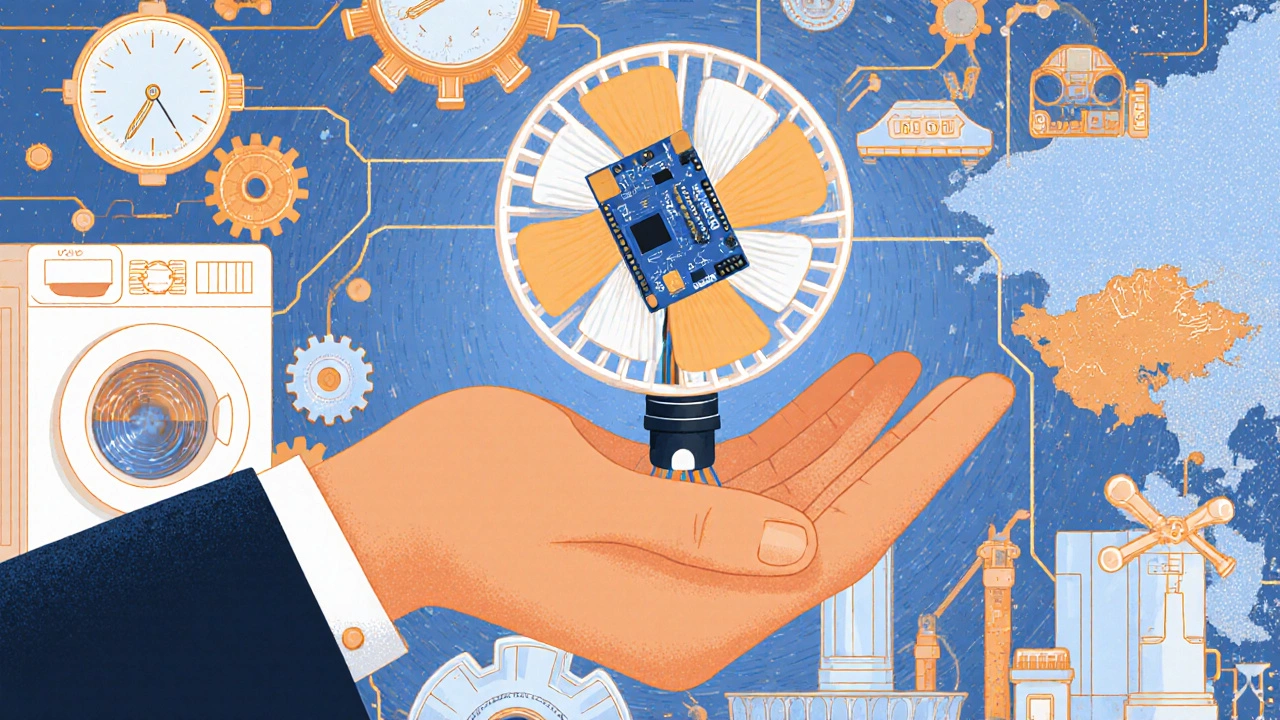 Рукодельный вентилятор на базе Arduino, соединённый с деталями от часов и бытовой техники.