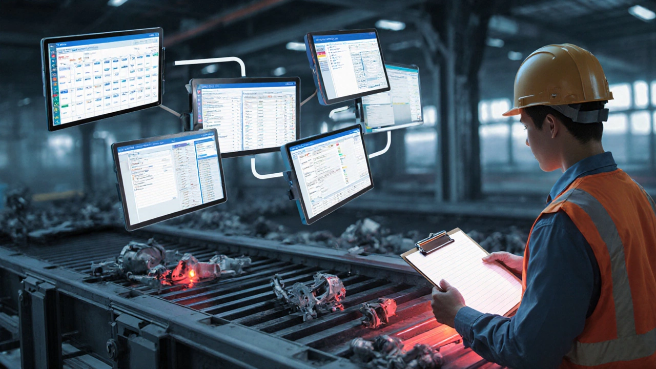 Семь изолированных цифровых интерфейсов производства, не связанных друг с другом, над конвейером с бракованной деталью.