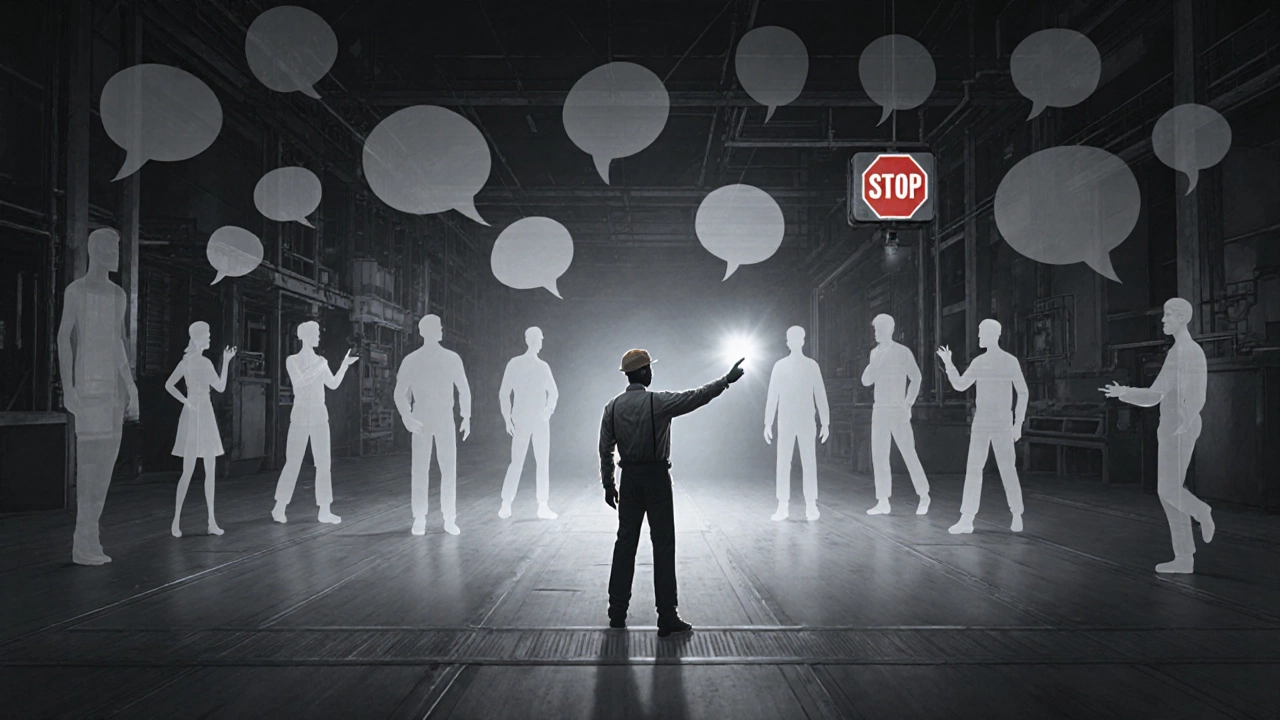 Символическое изображение выбора безопасности: один человек освещает путь к кнопке аварийной остановки.