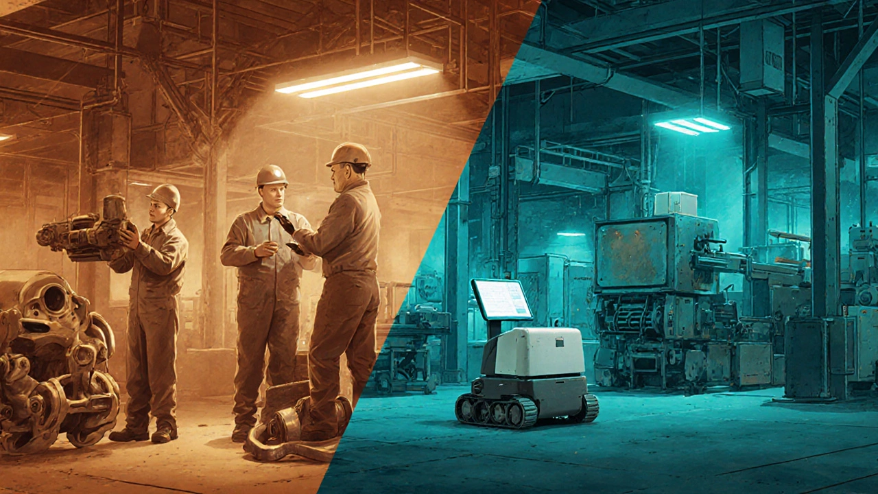 Сравнение старого и современного производства: люди в тяжелом труде против спокойного управления системами.