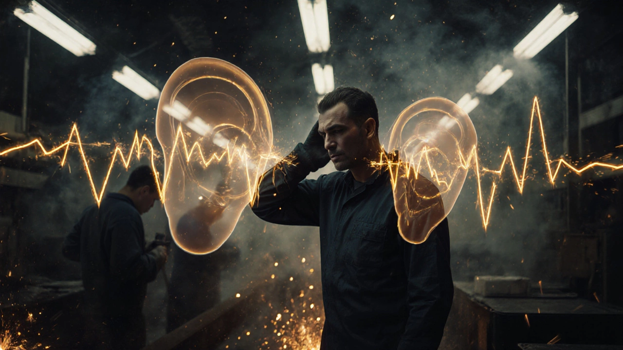 Сварщики без наушников в дыму, вокруг них — визуализированные звуковые волны и разрушающиеся ушные перепонки.