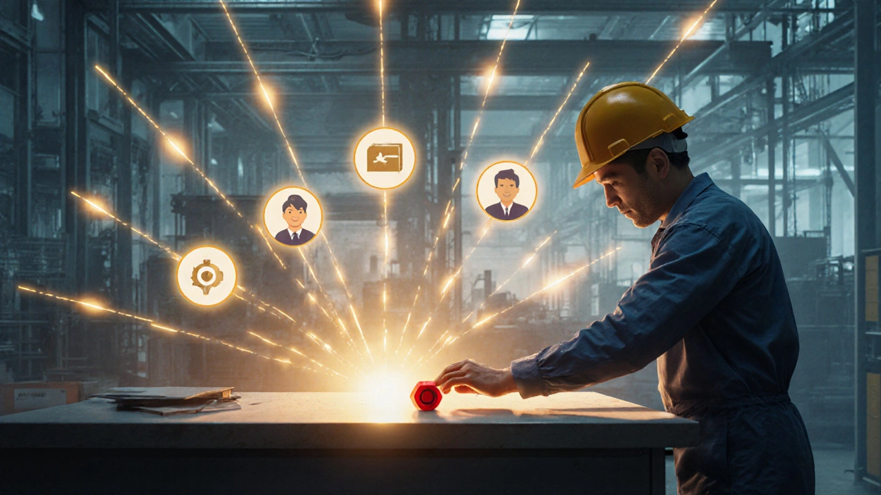 Золотая волна от красной гайки символизирует улучшение производства.