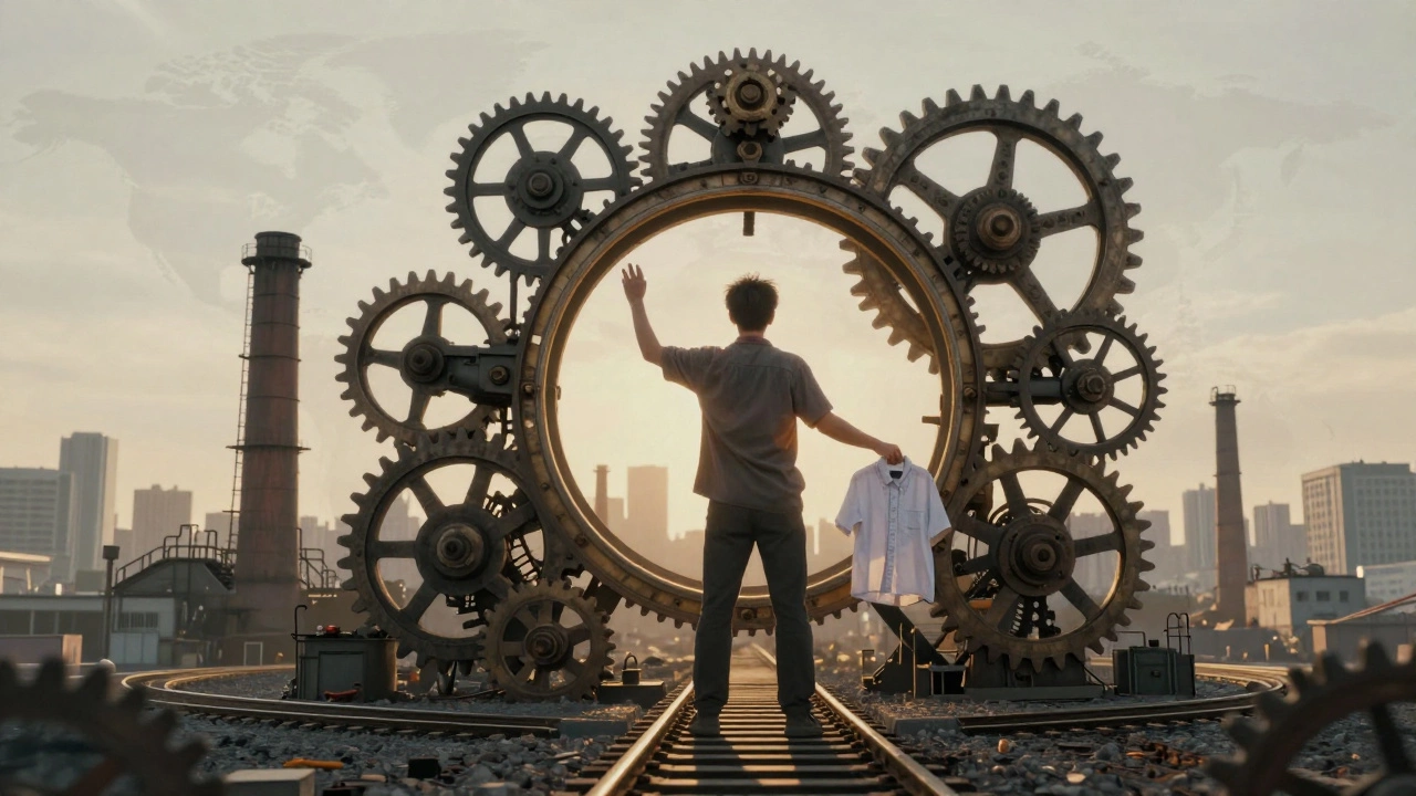 Человек в центре механизма из фабрик, поездов и веретён, символизируя промышленную революцию.