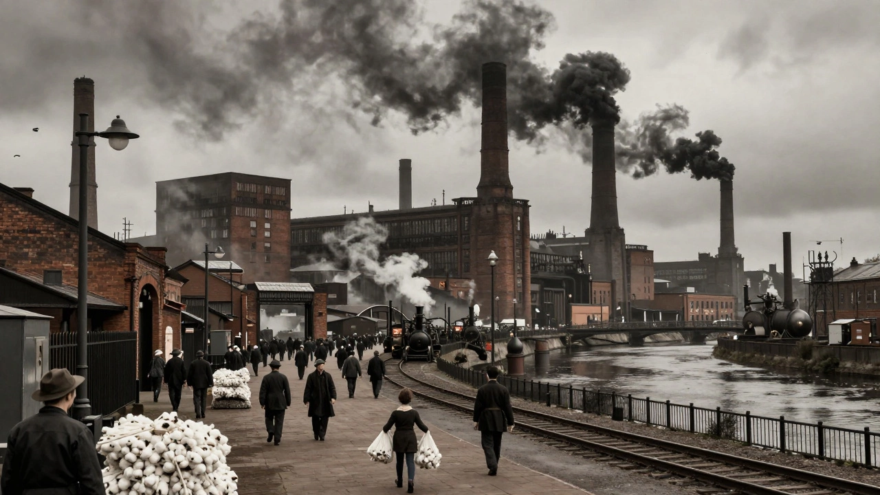 Фабрики Манчестера в середине XIX века с дымом, рабочими и паровыми машинами.