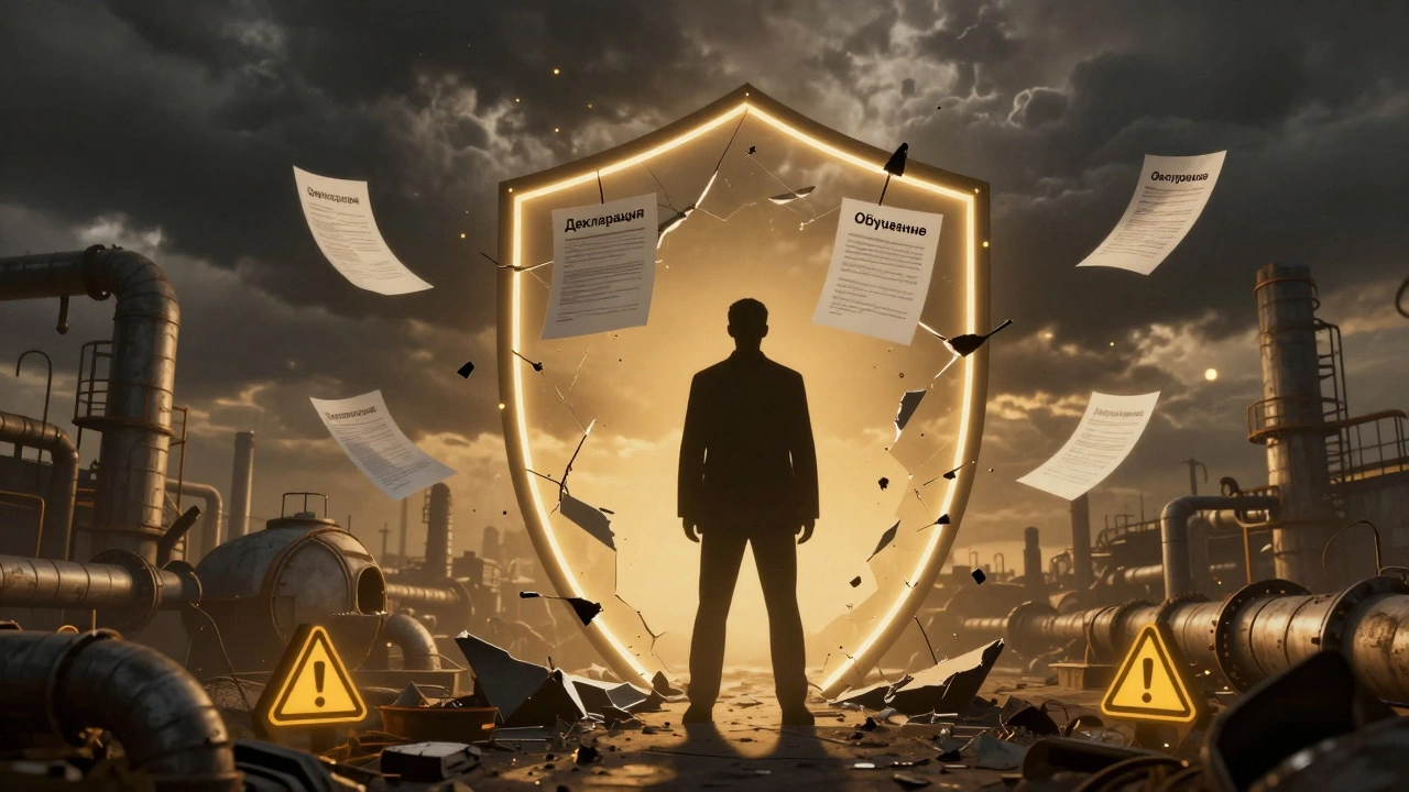 Фигура человека защищена символами промышленной безопасности от разрушительных последствий аварии.