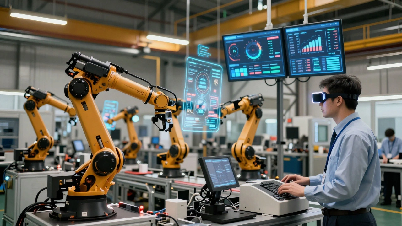 Гибкая производственная линия с роботами и проекциями цифровых двойников в реальном времени.