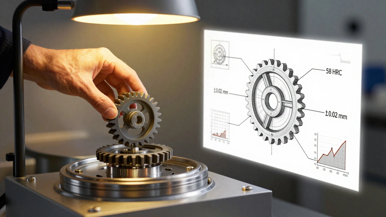 Инженер проверяет напечатанную деталь с техническими чертежами и анализом напряжений.