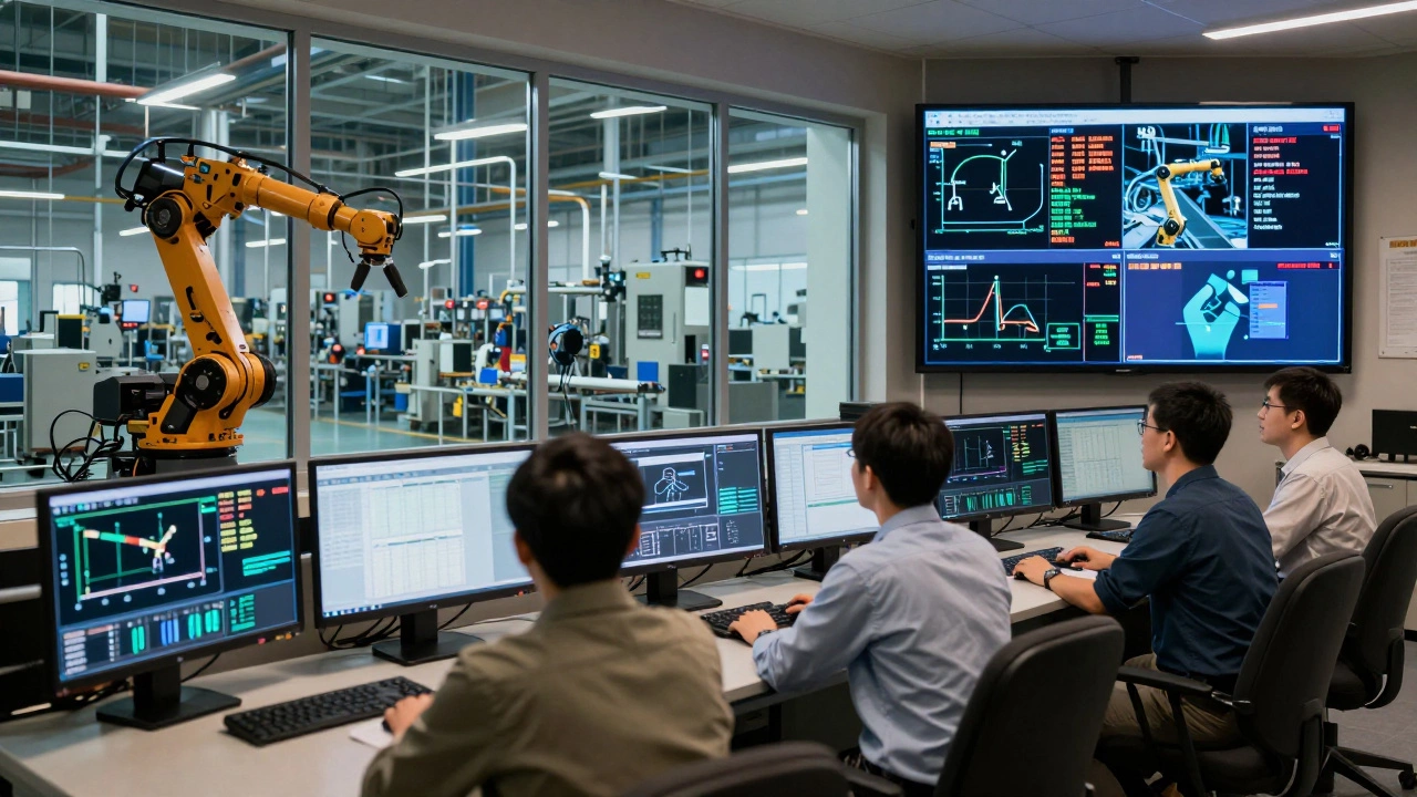 Инженеры анализируют данные производственных линий в центре управления, за окном — автоматизированный цех.