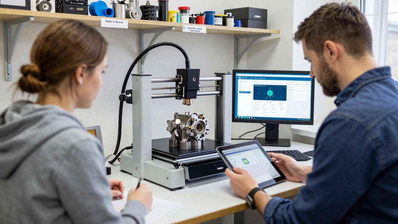 Инженеры наблюдают за 3D-печатью детали и экраном с ИИ-прогнозом на малом заводе в Уральском регионе.