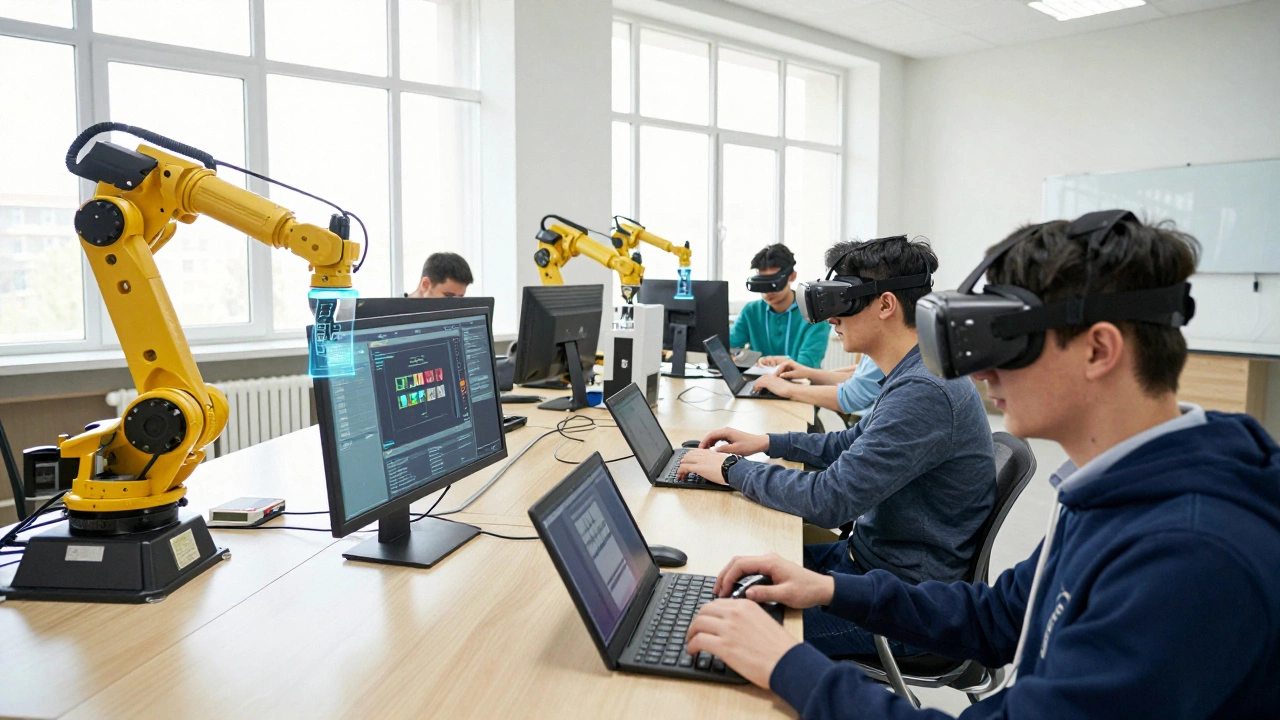 Молодые люди обучаются работе с промышленными роботами в учебном центре, используя VR-технологии.