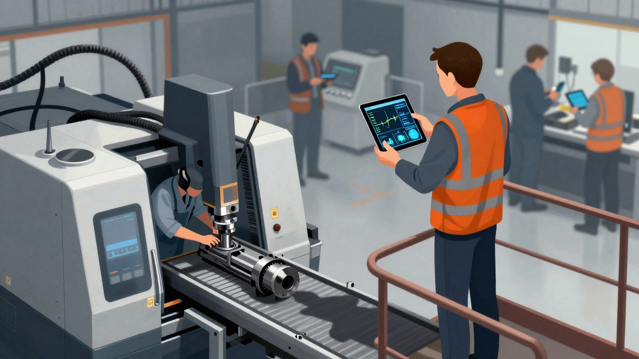 Начальник на балконе наблюдает за производством с данными с датчиков на планшете.