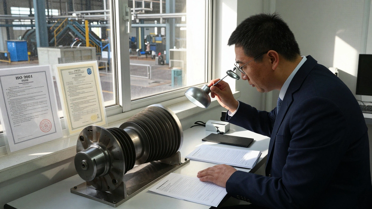 Независимый аудитор осматривает треснувшую лопатку турбины с документами ISO 9001 на фоне завода.