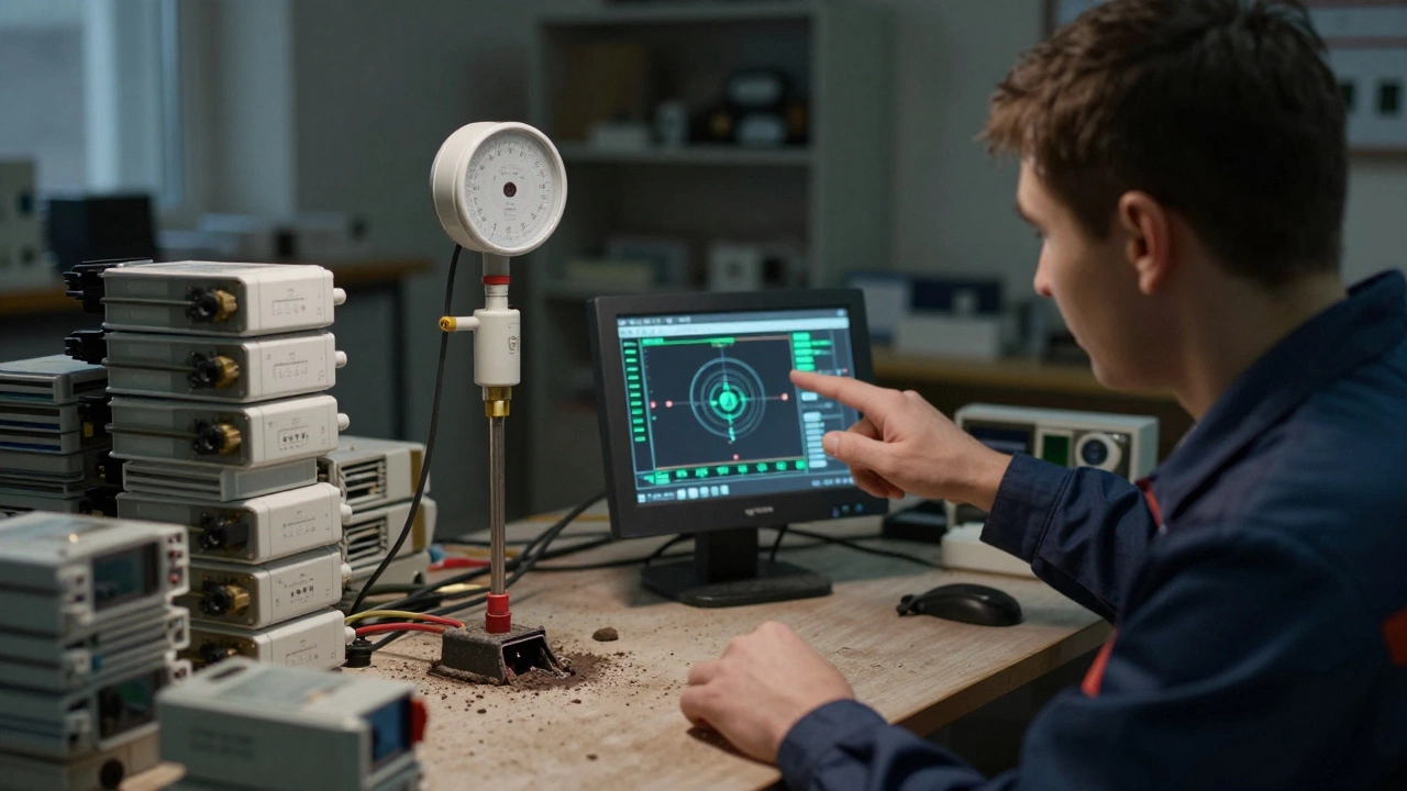 Один датчик утечки масла на станке показывает данные, остальные сенсоры лежат неиспользованными.