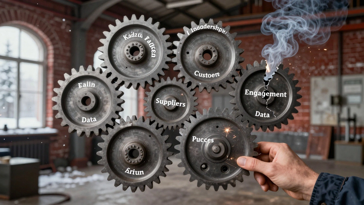 Семь шестерёнок, символизирующих принципы качества, вращаются в российском цеху.